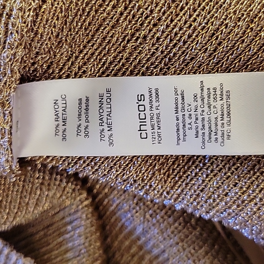 Chico's gold metallic pullover sweater crew neck cold shoulder 3/4 sleeve L EUC… - Picture 7 of 8